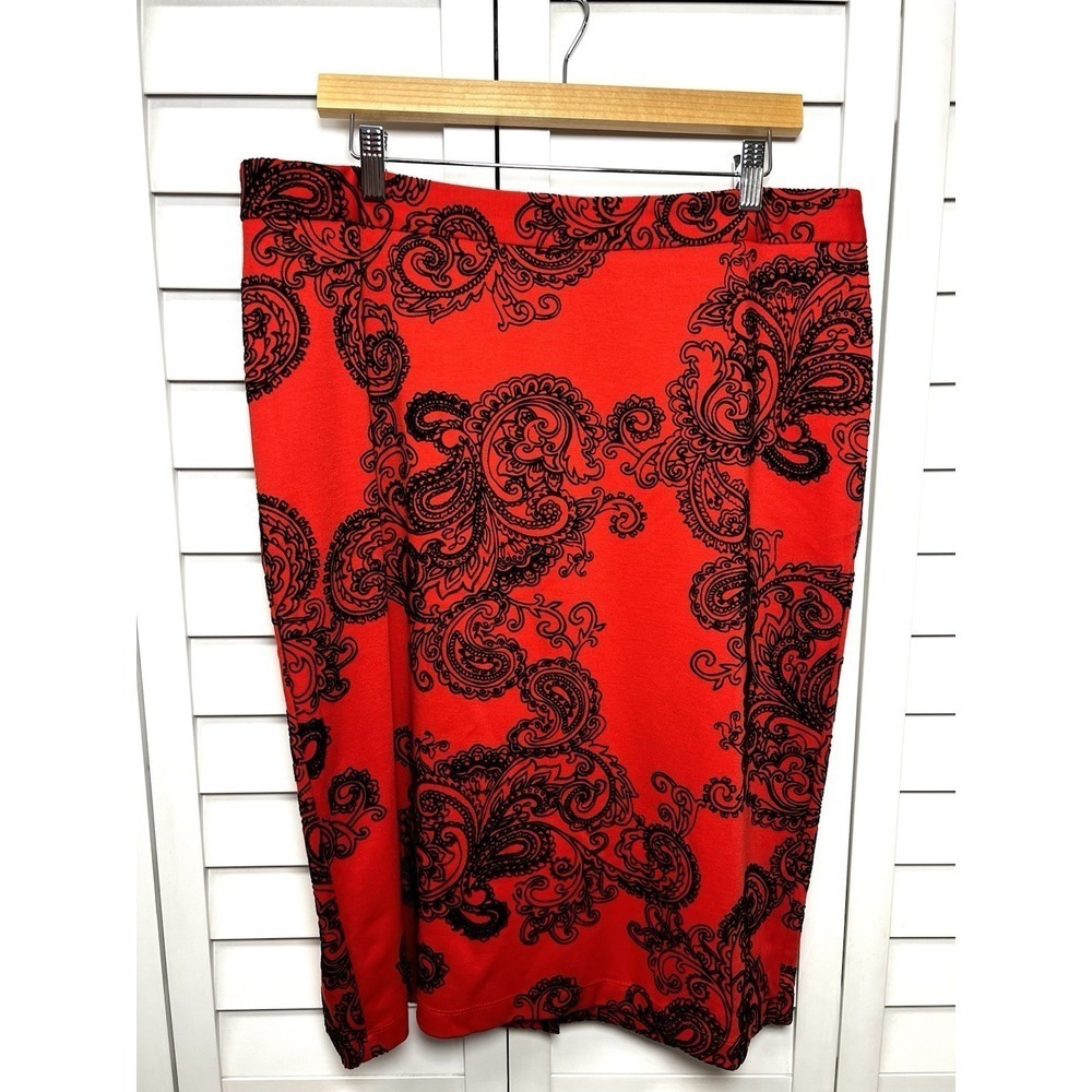 Ashley Stewart Velvet Paisley Stretch Pencil Skirt Women's Size 14 Red & Black
